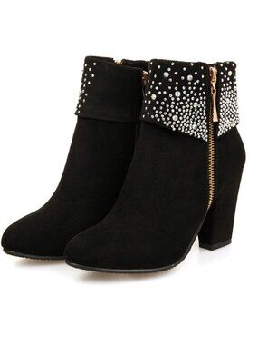 Women's Black Fashionable Comfortable Water Drill Frosted Thick Heel Short Boots